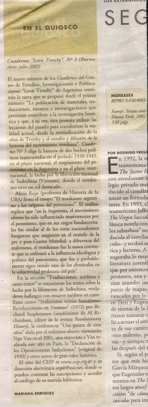 Artículo aparecido en el matutino Página/12 de Argentina, Julio 2002