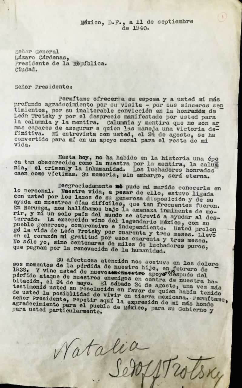Carta de Natalia Sedova en agradecimiento al presidente mexicano Lázaro Cárdenas, luego del asesinato de León Trotsky. 