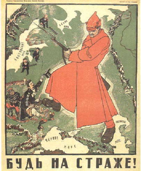Estar en guardia. Póster de Dmitri Moor con texto de Trotsky (no sale en la imagen) publicado durante la guerra ruso-polaca. Fines de 1919