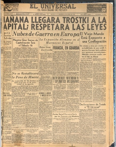 El diario mexicano El Universal anuncia la llegada de Trotsky.