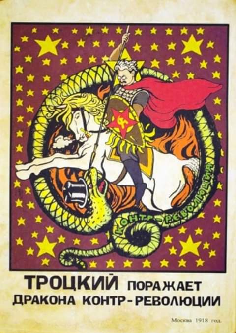 Afiche ruso representando a Trotsky como San Jorge quien mata al dragón de la contrarrevolución capitalista.
