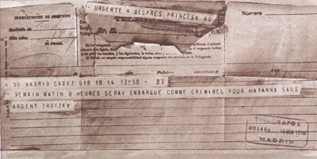 Telegrama donde Trotsky avisa que es expulsado de Cadiz como un criminal